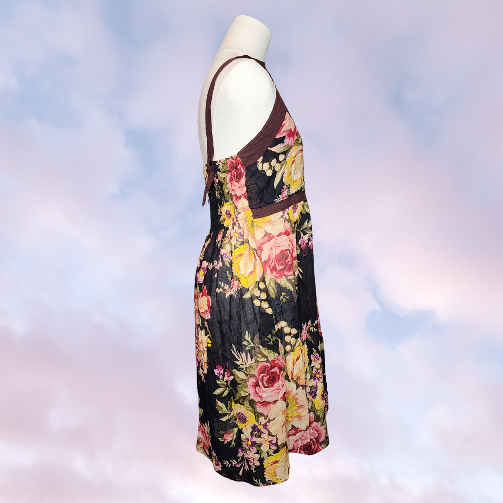Floral Lightweight V-Neck Black Pink Brown Cream Yellow Sun Tank Summer Dress - Picture 3 of 6